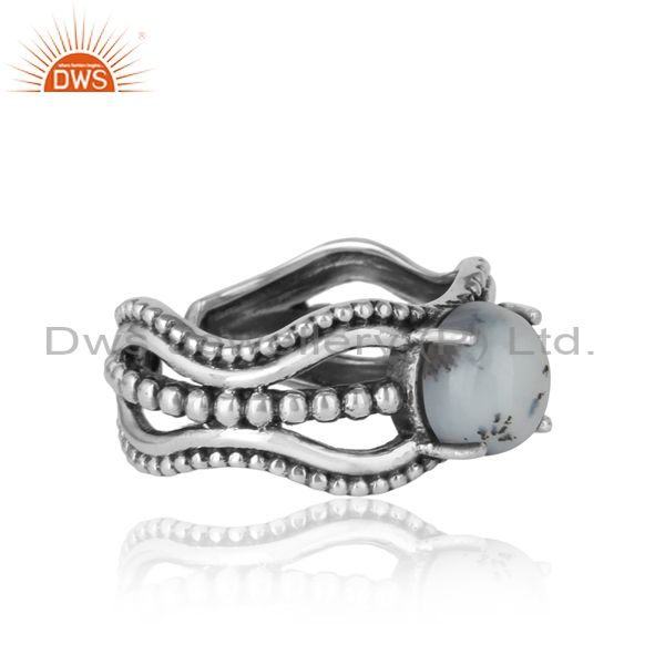 Designer of Bold handmade silver ring in oxidized finish with white howlite