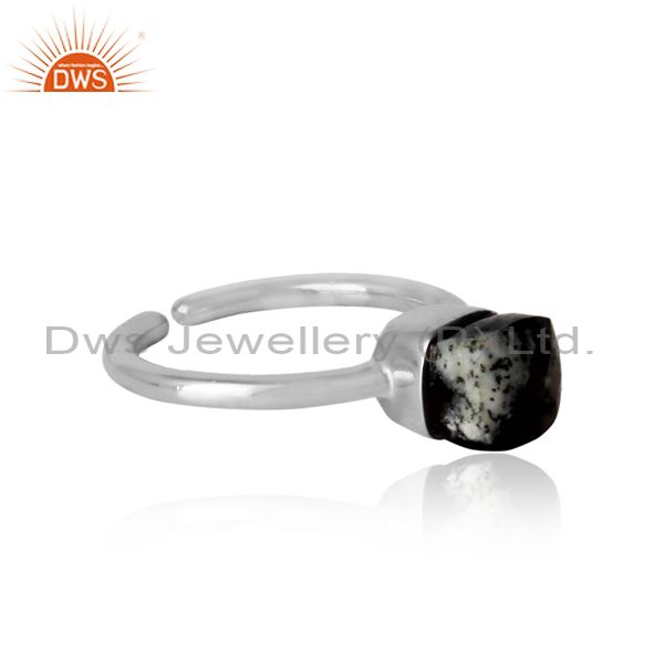 Handmade solitaire ring in white rhodium on silver and dendrite