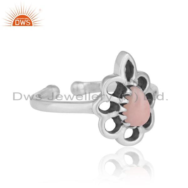 Designer Floral Ring In Oxidized Silver 925 And Pink Opal