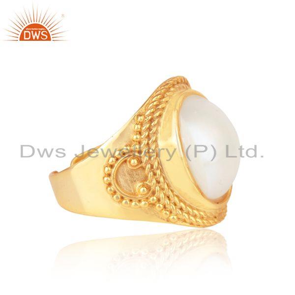 Bold design yellow gold on silver 925 artisan ring with pearl