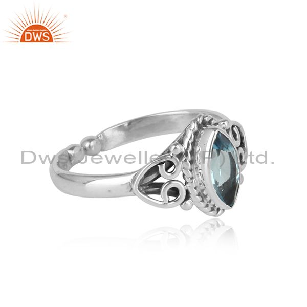 Designer of Exquisite textured dainty blue topaz ring in oxidized silver 925