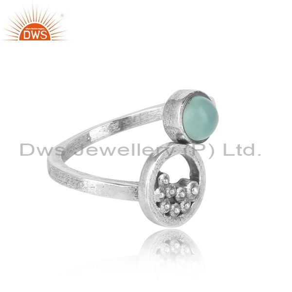 Designer of Handcrafted silver granule bypass aqua chalcedony oxidized ring