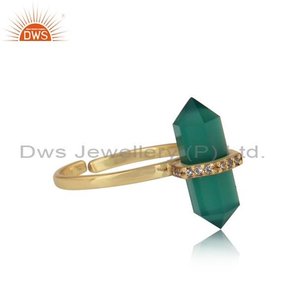 Designer of Designer green onyx pencil gemstone and cz gold on silver 925 ring