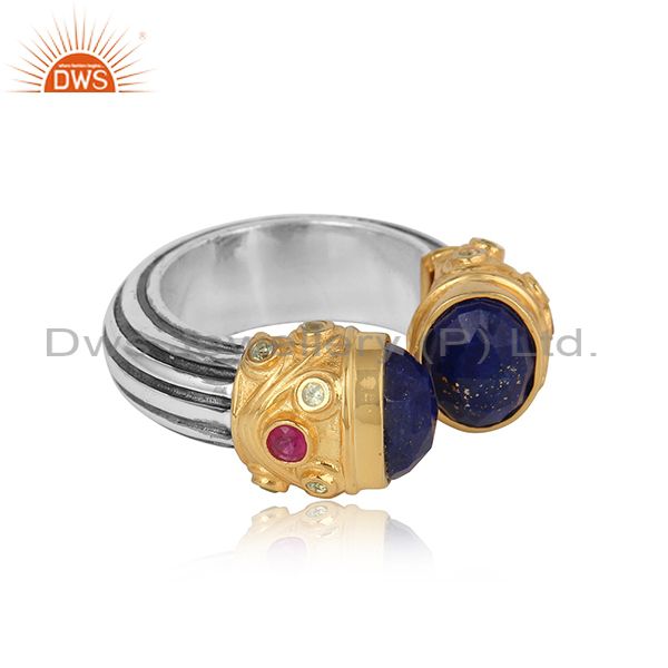 Designer Gold On Silver Ring With Peridot, Ruby And Sodalite