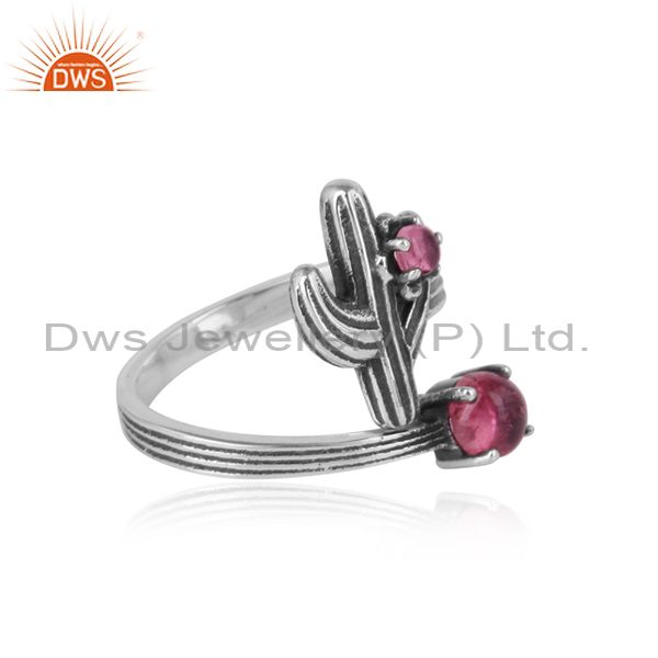 Designer cactus bypass silver oxidized ring with pink tourmaline