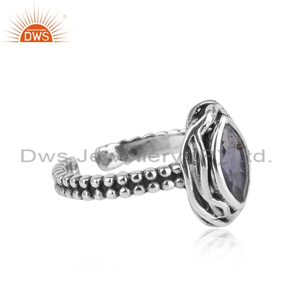 Textured Handmade Oxidized Silver 925 Ring With Iolite