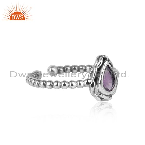 Textured Handcrafted Oxidized Silver Ring With Amethyst