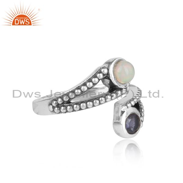 Ethiopian Opal And Iolite Set Facing Oxidized Silver Ring