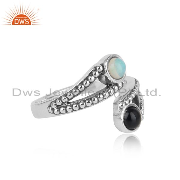 Oxidized Silver Bypass Ring With Black Onyx Ethiopian Opal