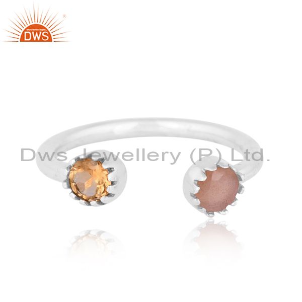 Citrine And Peach Moonstone Combined White Silver Ring
