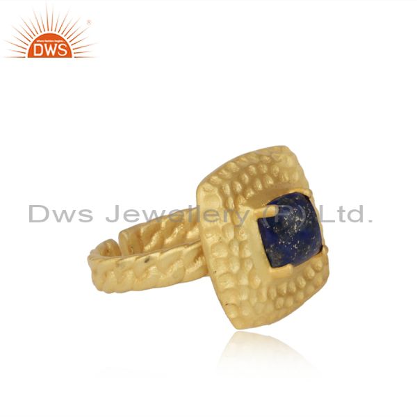 Handtextured Adjustable Gold On Silver Ring With Lapis