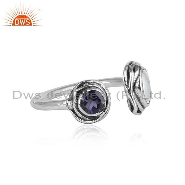Pearl Cabushion, Iolite Cut Sterling Silver Adjustable Ring