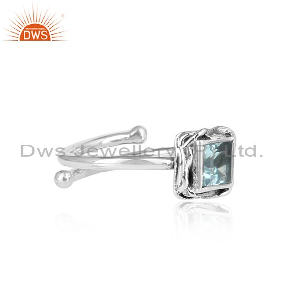 Blue Topaz Square Cut Sterling Silver Oxidized Ring