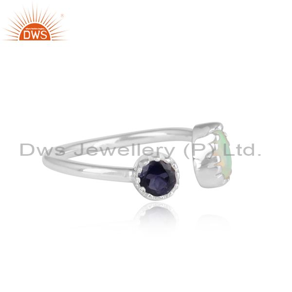Ethiopian Opal Cabushion And Iolite Silver Adjustable Ring