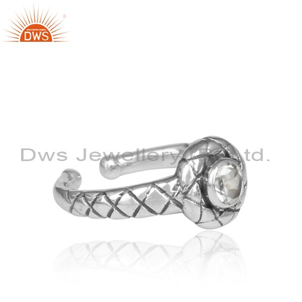 Handmade Crystal Quartz Set Oxidized 925 Silver Pattern Ring
