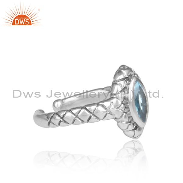 Handmade Pear Blue Topaz Set Oxidized Silver Pattern Ring