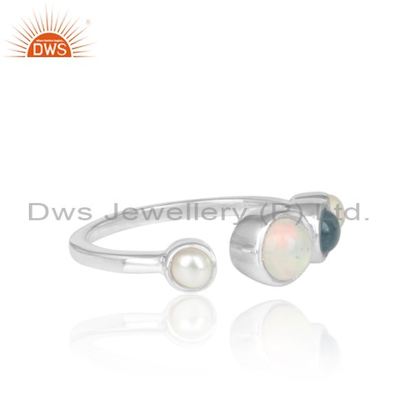 Ethiopian Opal, Pearl And Blue Topaz Set Fine Silver Ring