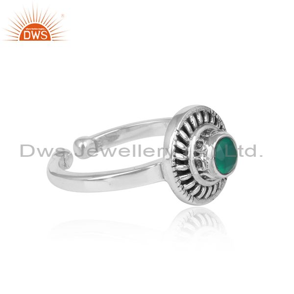Round Green Onyx Set Handmade Oxidized Silver Textured Ring
