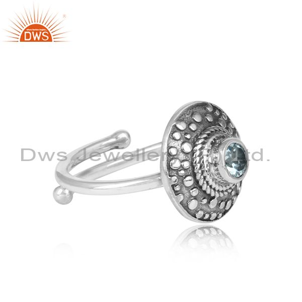 Blue Topaz Set Oxidized 925 Silver Ethnic Adjustable Ring