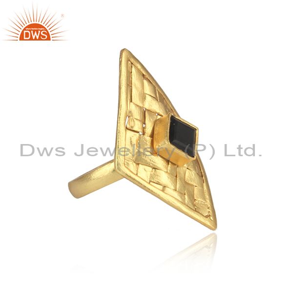 Gold On Silver Woven Hand Turned Rhombus Set Black Onyx Ring