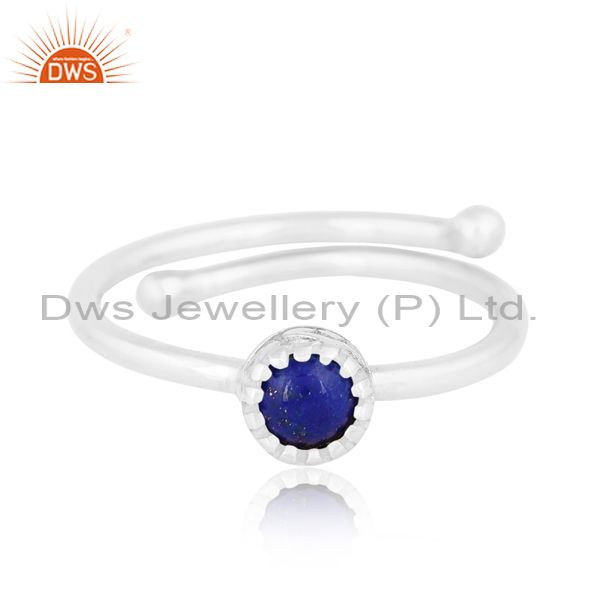 Elegant Lapis Cabochon Round On White Sterling Silver Ring