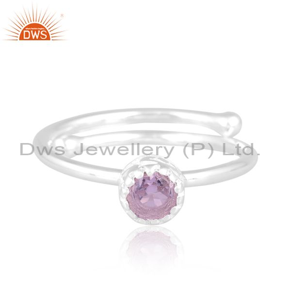 Sterling Silver White Ring With Round Pink Amethyst Stone