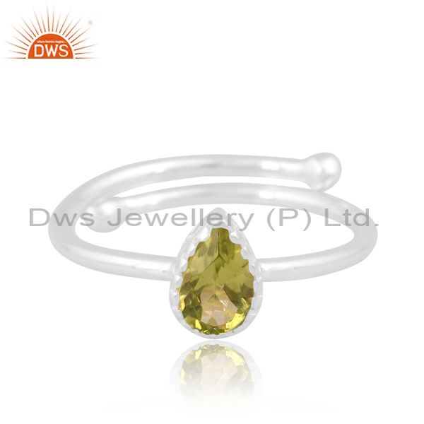 Peridot Cut Pear Shaped Stone On White Sterling Silver Ring