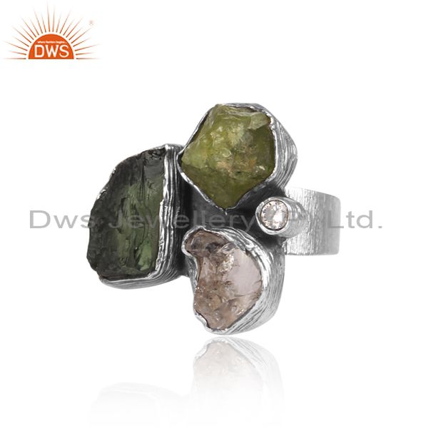 Cz, Herkimer Diamond, And Moldavite Set Oxidized Silver Ring