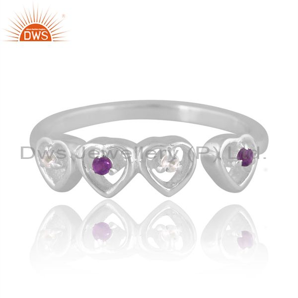Silver White Heart Ring With Amethyst And White Topaz
