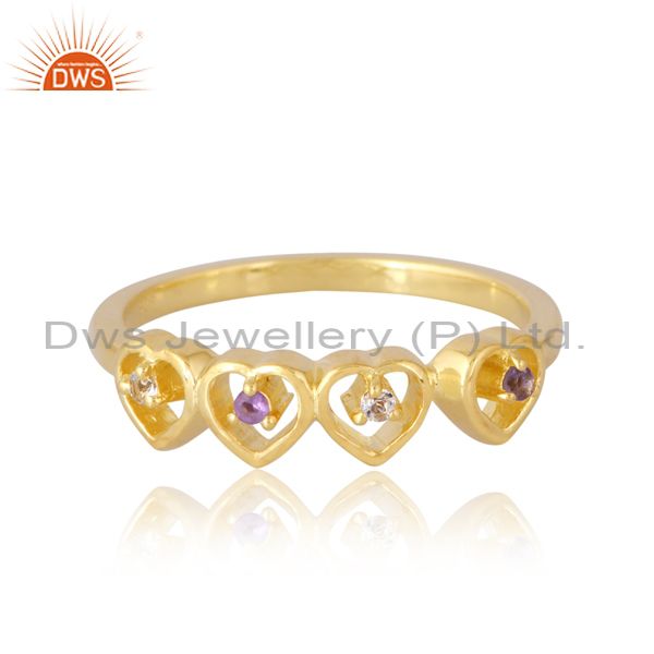 Sterling Silver Gold And Amethyst Round White Topaz Ring