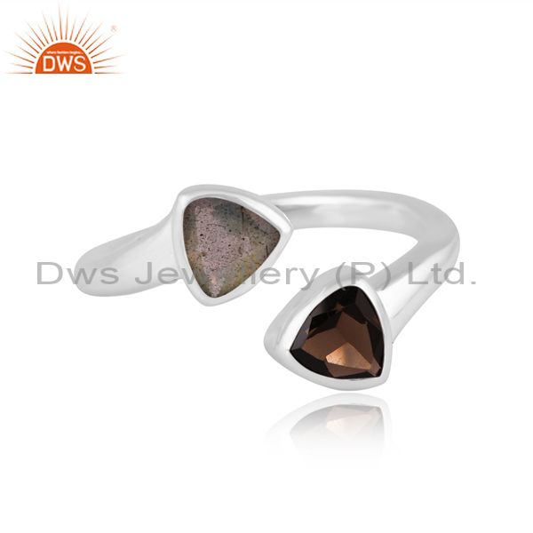 Labradorite And Smoky Set Fine 925 Sterling Silver Open Ring