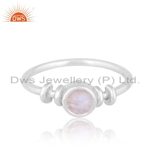 Sterling Silver White Ring With Round Cut Rainbow Moonstone
