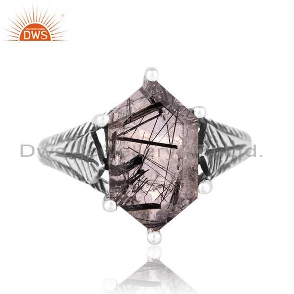 Silver Ring With Elongated Black Rutile Cut Hexagon Stone