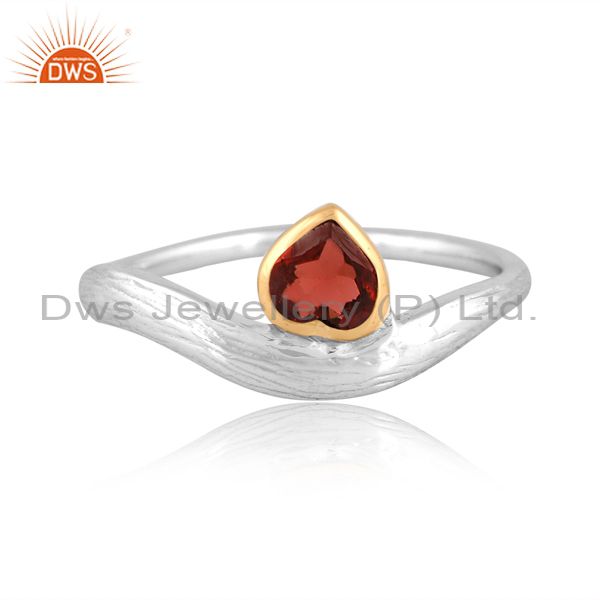 White & Gold Sterling Silver Ring With Garnet Cut Heart