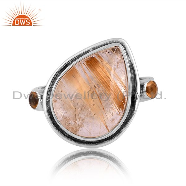 Citrine & Golden Rutile Combined Oxidized Sterling Ring