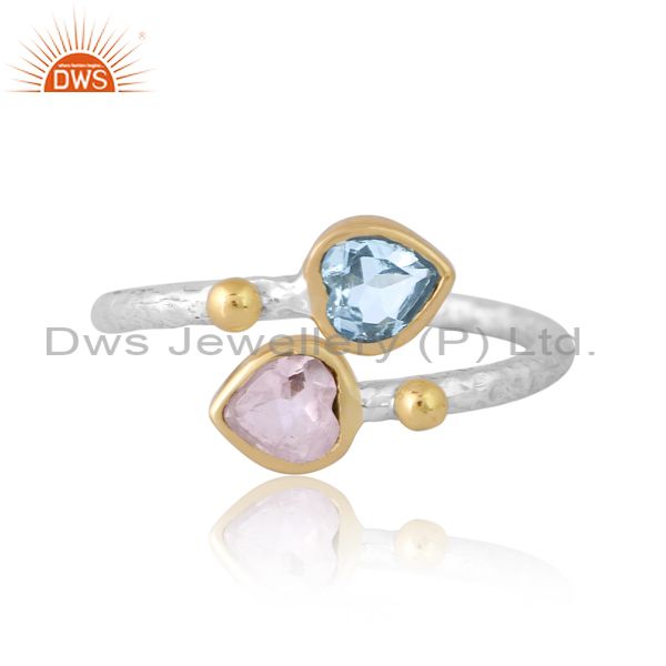 Silver Gold Ring With Blue Topaz And Rose Quartz