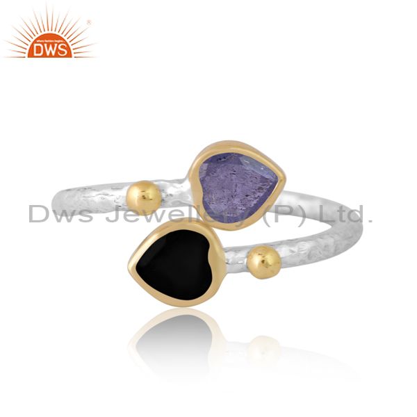 Silver Gold White Ring With Tanzanite And Black Onyx
