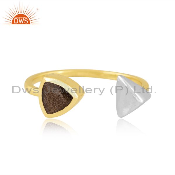 Brass Gold Ring With White Triangle And Obsidian Stone