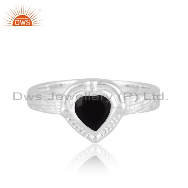 Sterling Silver White Ring With Heart Cut Black Onyx