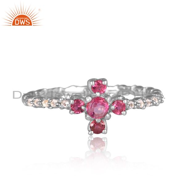Silver Gold Ring With Pink Topaz, Tourmaline & White Topaz