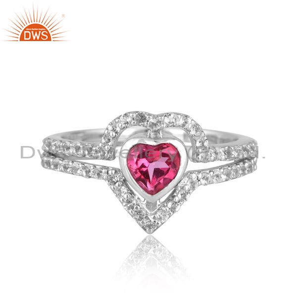 Sterling Silver Gold Heart Ring With Pink And White Topaz