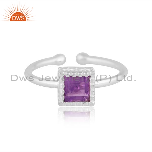 Sterling Silver White Ring With Square Cut Amethyst