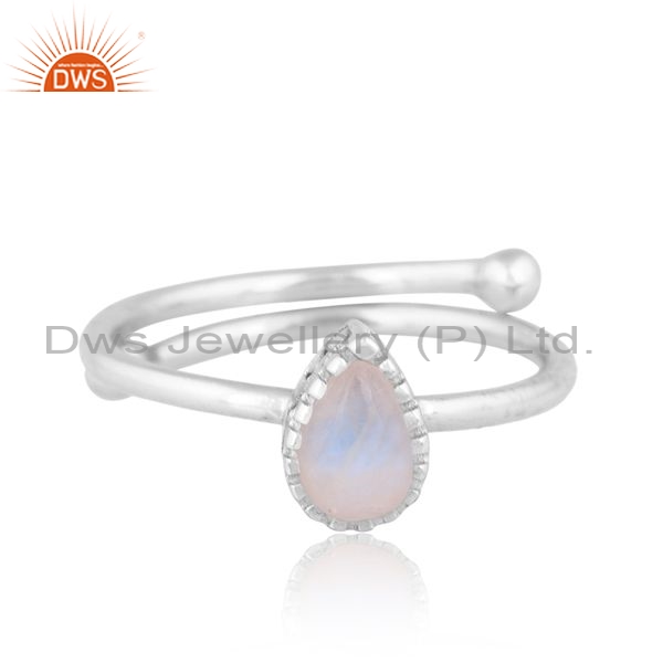 Silver White Ring With Pear Shaped Rainbow Moonstone