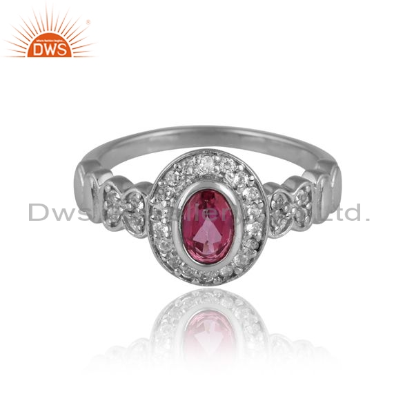 Silver White Decorated Ring With White And Pink Topaz
