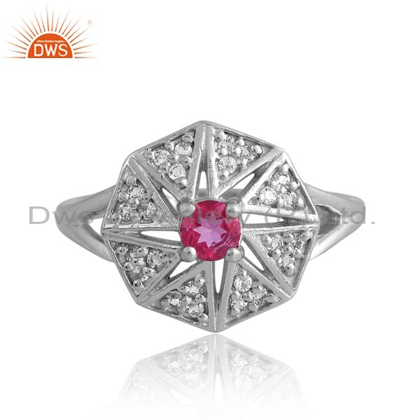 Sterling Silver White Ring With Pink And White Topaz