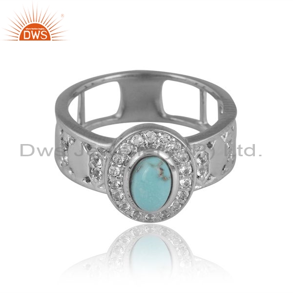 Silver White Ring With Arizona Turquoise And White Topaz