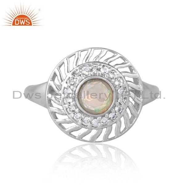 Silver White Circular Ring With Ethiopian Opal And Topaz