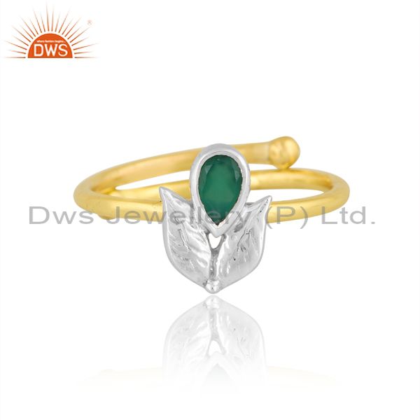 Brass Golden White Ring With Green Onyx Pear Cut