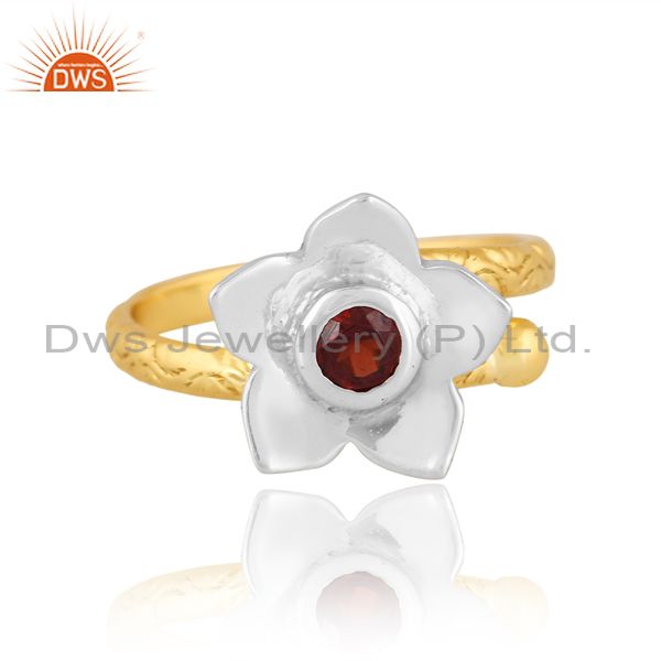 Brass Gold And White Floral Ring With Garnet Round Cut