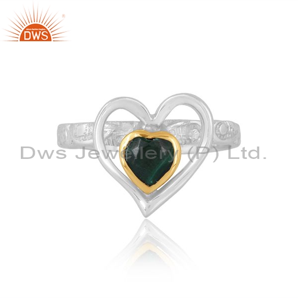 Heart Sterling Silver Gold White Ring With Malachite Stone